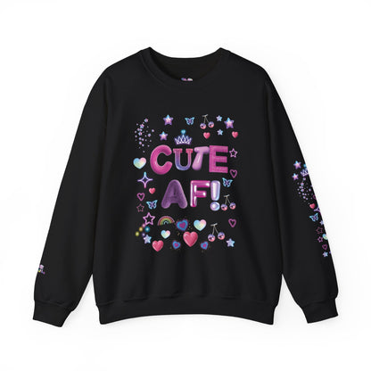 Black sweatshirt with colorful 'CUTE AF!' text and graphics on a white background