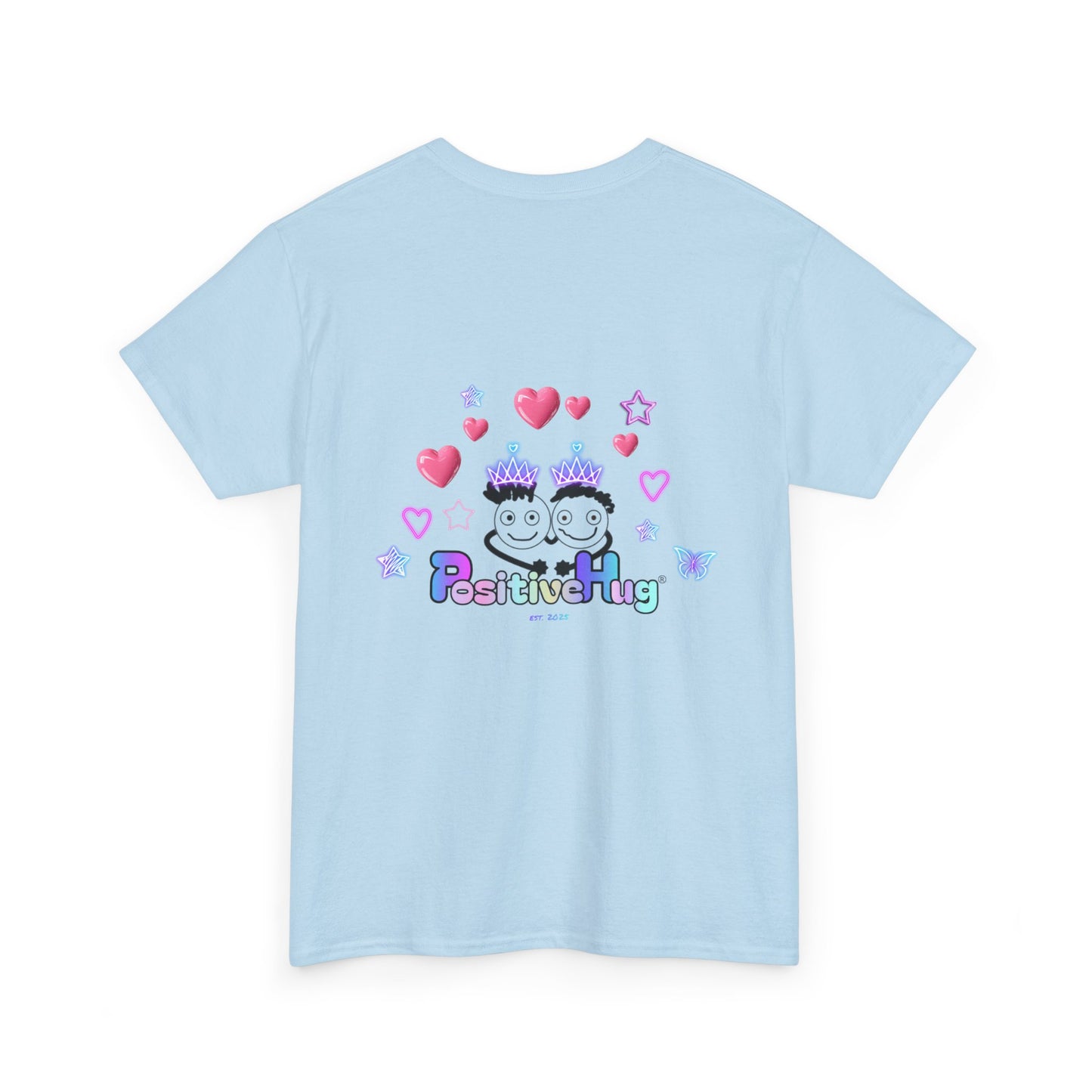Cute Playful PositiveHug logo Tee with Hearts, Stars Back Graphic