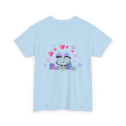 Cute Playful PositiveHug logo Tee with Hearts, Stars Back Graphic