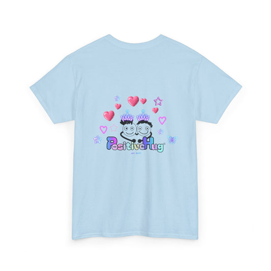 Cute Playful PositiveHug logo Tee with Hearts, Stars Back Graphic