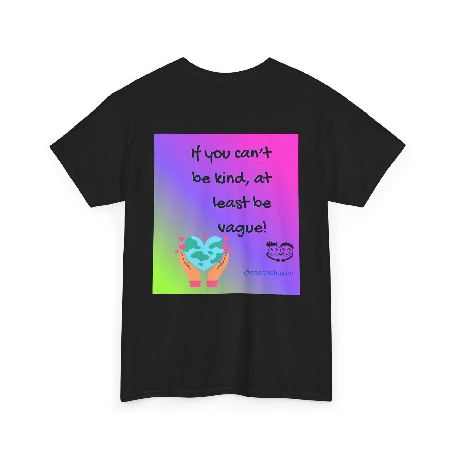 Black t-shirt with colorful graphic and text on a white background