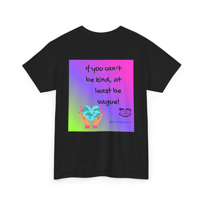 Black t-shirt with colorful graphic and text on a white background