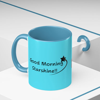 'Good Morning Starshine' Neon Cheerful Coffee Mug by PositiveHug - Turquoise exterior