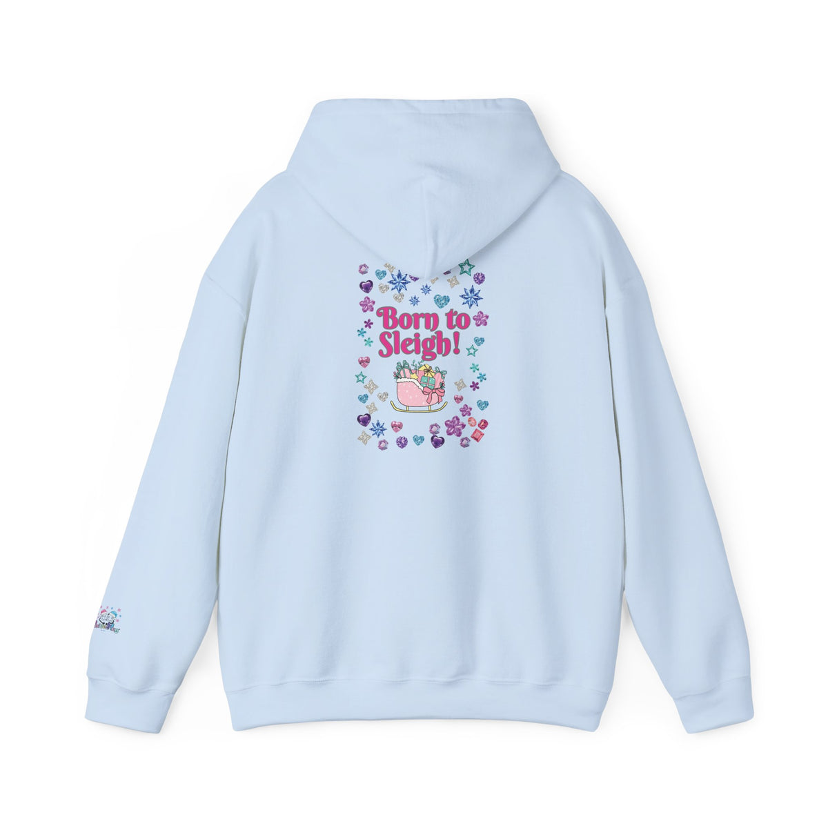 Light blue Christmas festive hoodie with multi coloured heart and star design on the back with a pink sleigh filled with gifts and the words 'born to sleigh' 