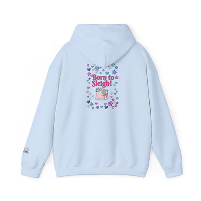 Light blue Christmas festive hoodie with multi coloured heart and star design on the back with a pink sleigh filled with gifts and the words 'born to sleigh' 