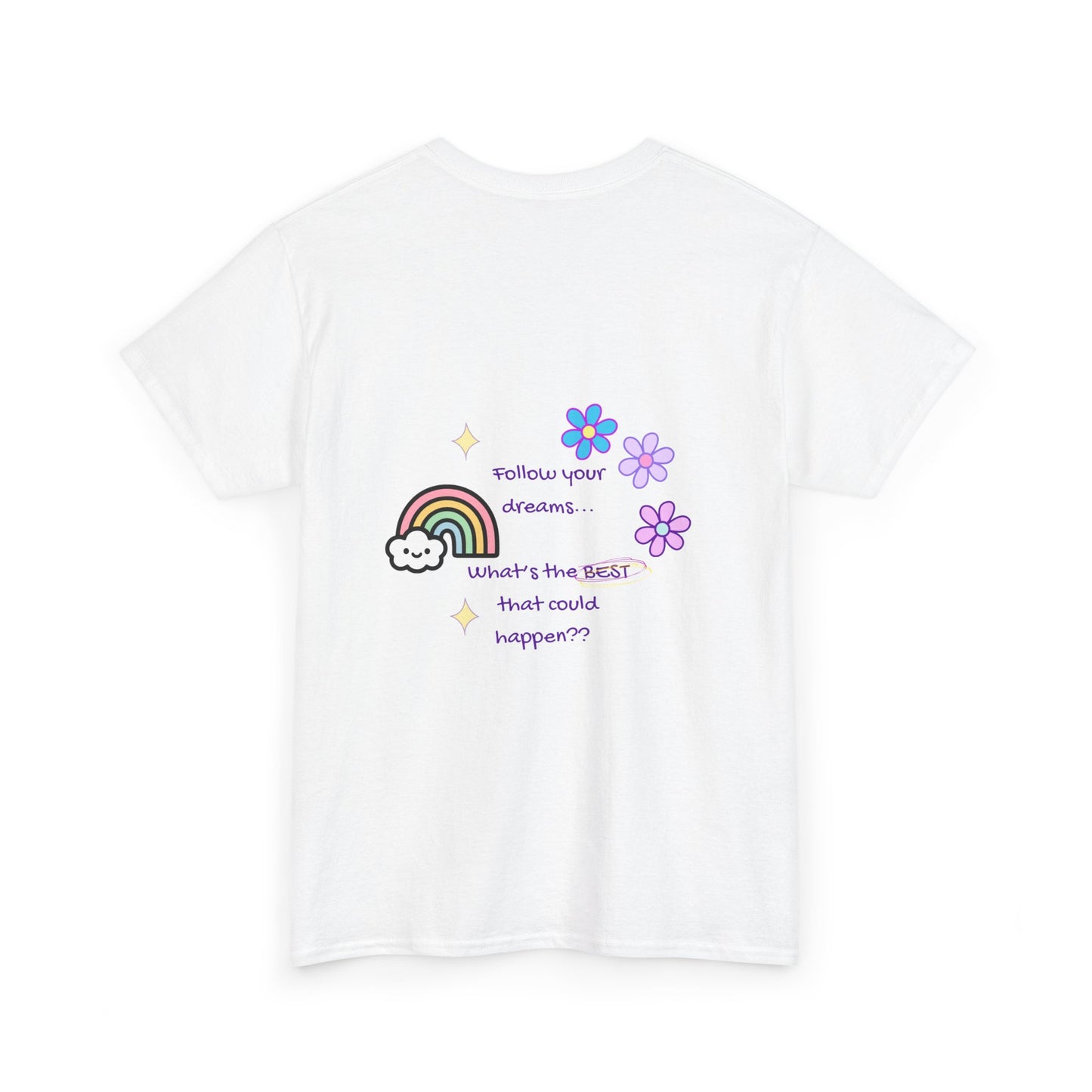 White t-shirt with colorful graphics and text on a white background