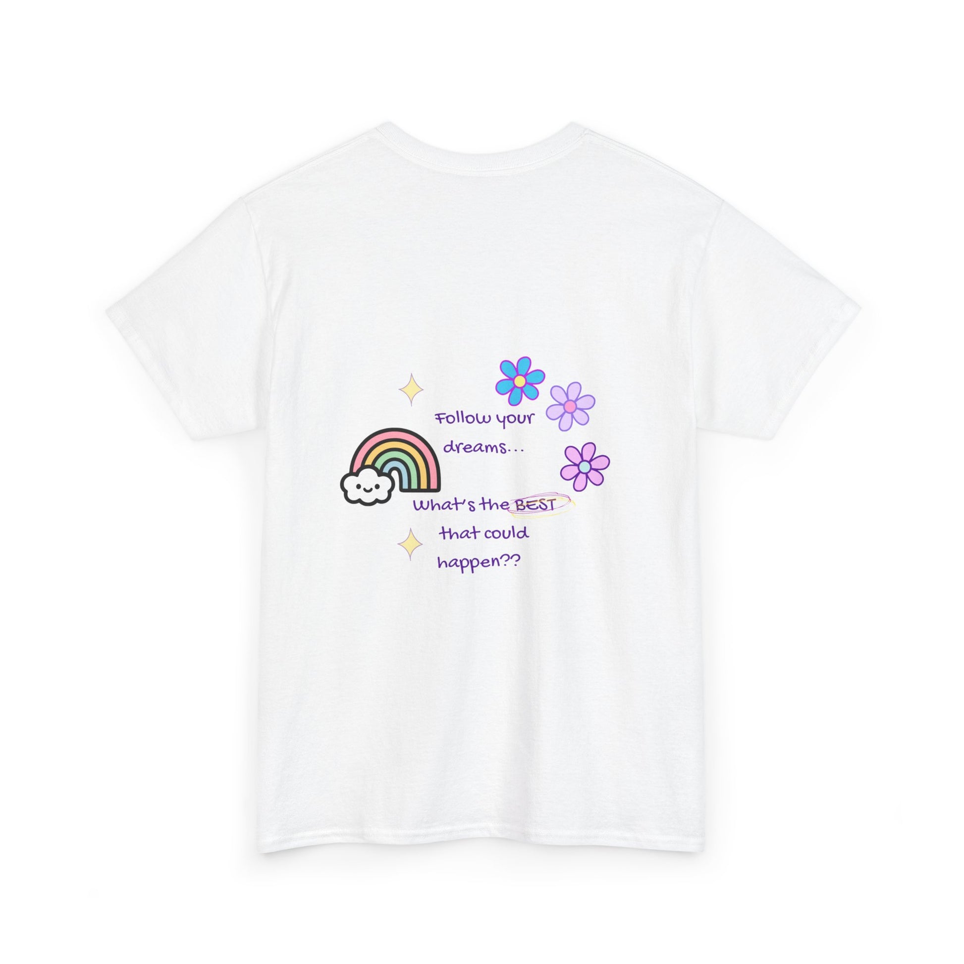 White t-shirt with colorful graphics and text on a white background