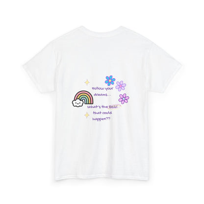 White t-shirt with colorful graphics and text on a white background