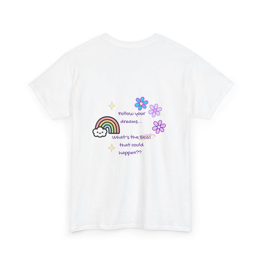 White t-shirt with colorful graphics and text on a white background