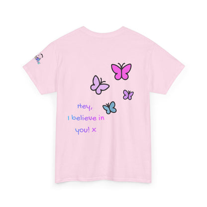 Pink t-shirt with butterfly graphics and text on a white background