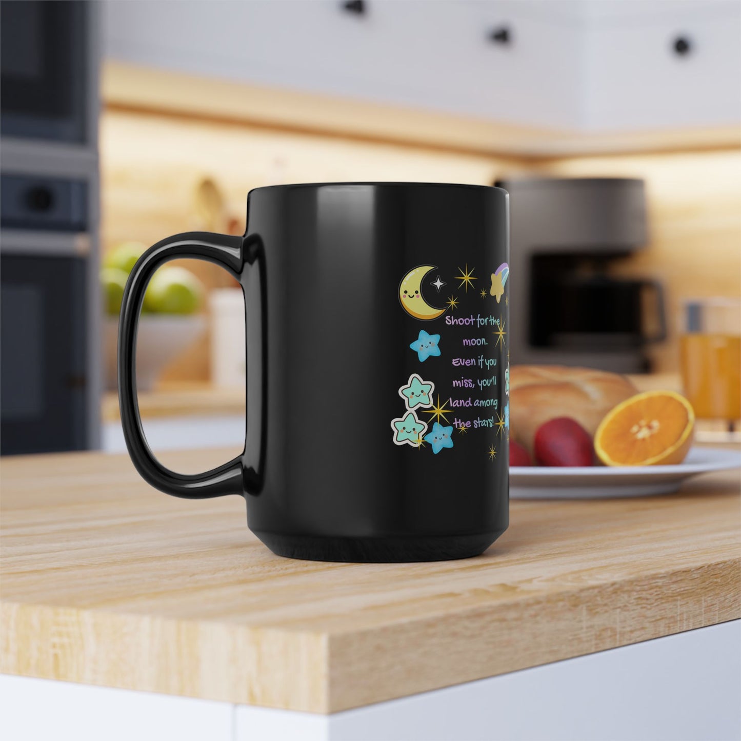 Shoot for the Moon Inspirational Black Mug — Cute Pastel Design | PositiveHug