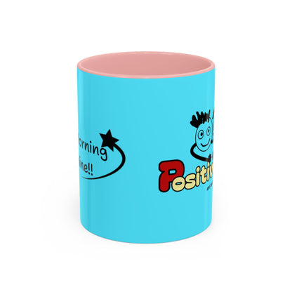 'Good Morning Starshine' Neon Cheerful Coffee Mug by PositiveHug - Turquoise exterior