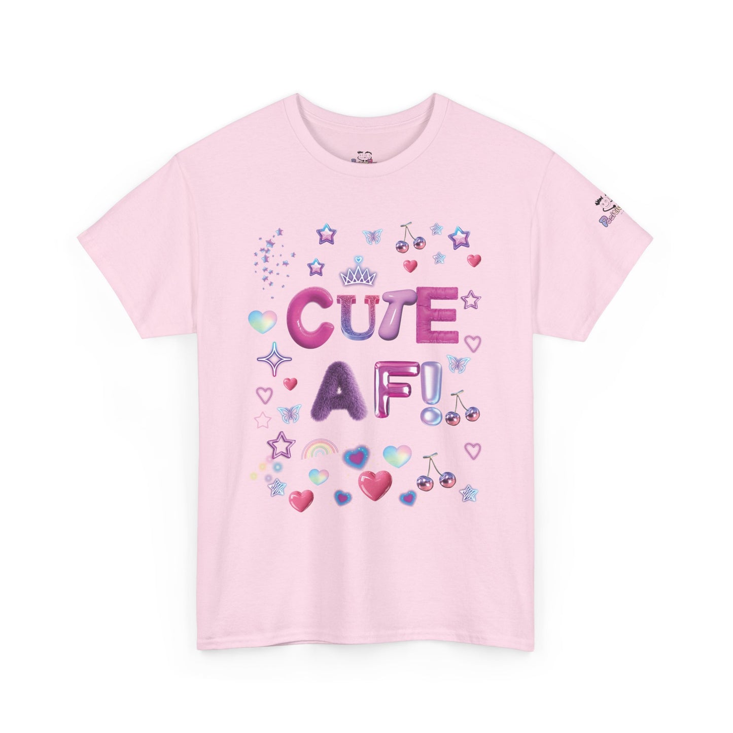 Pink t-shirt with 'CUTE AF!' text and decorative elements on a white background