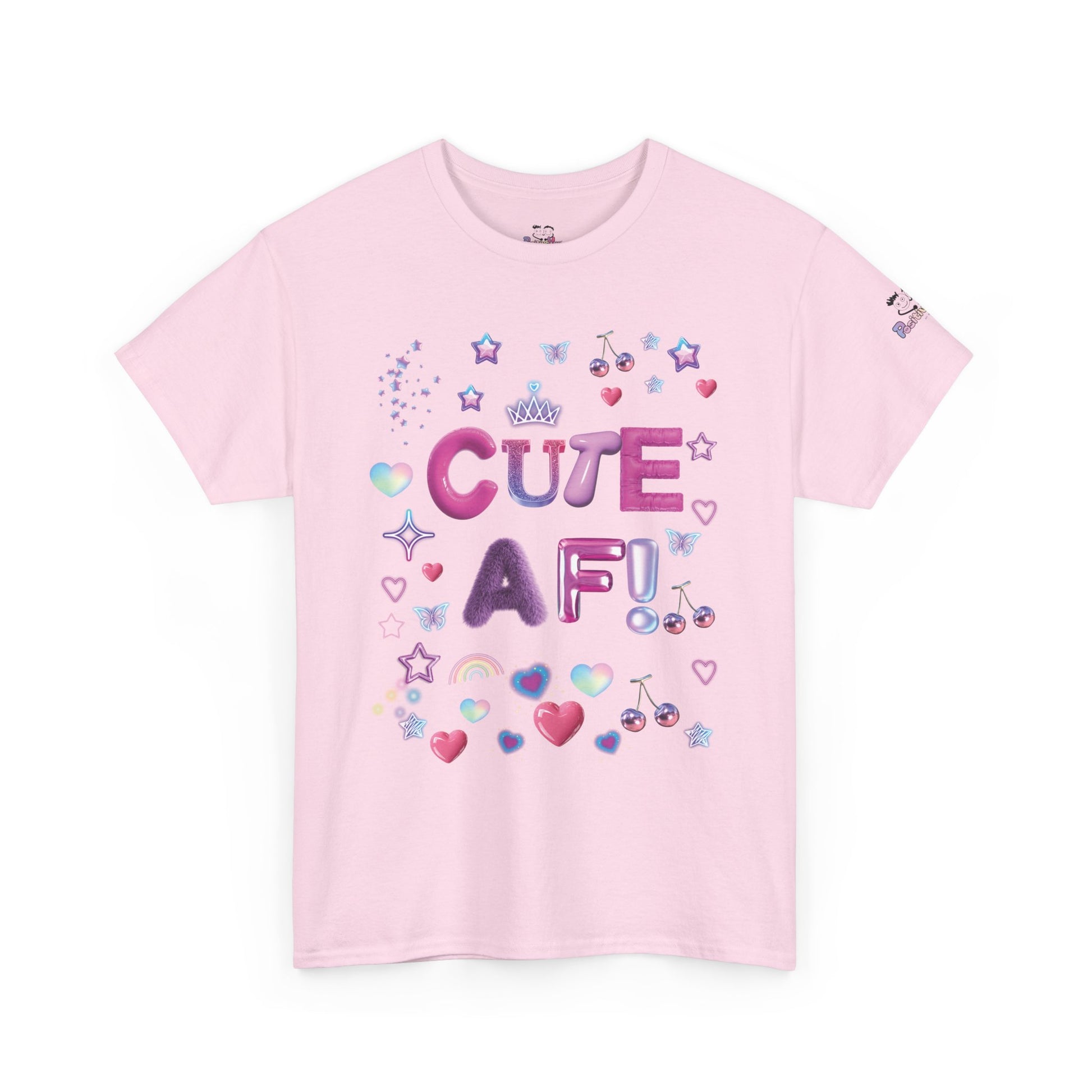 Pink t-shirt with 'CUTE AF!' text and decorative elements on a white background
