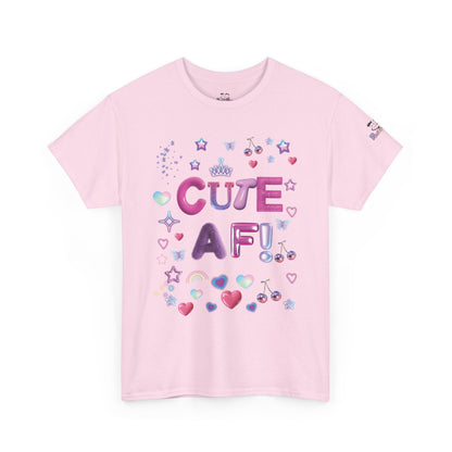 Pink t-shirt with 'CUTE AF!' text and decorative elements on a white background