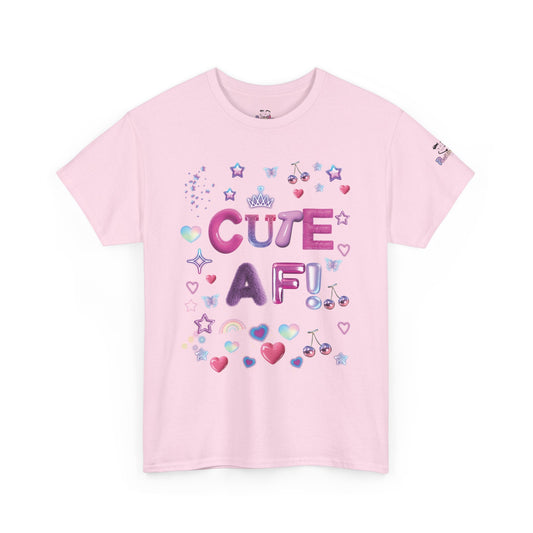 Pink t-shirt with 'CUTE AF!' text and decorative elements on a white background