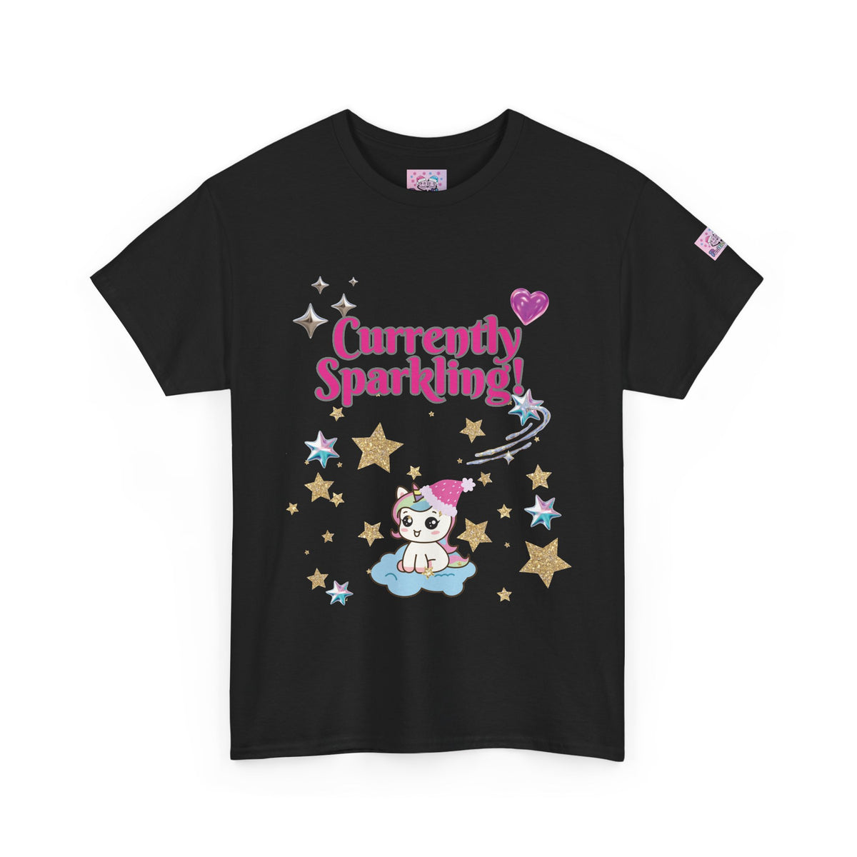A black short-sleeve t-shirt with a colorful graphic on the front featuring the text 'Currently Sparkling!' in pink, a cute cartoon cat on a cloud, and stars. A small brand tag is visible on the left sleeve.