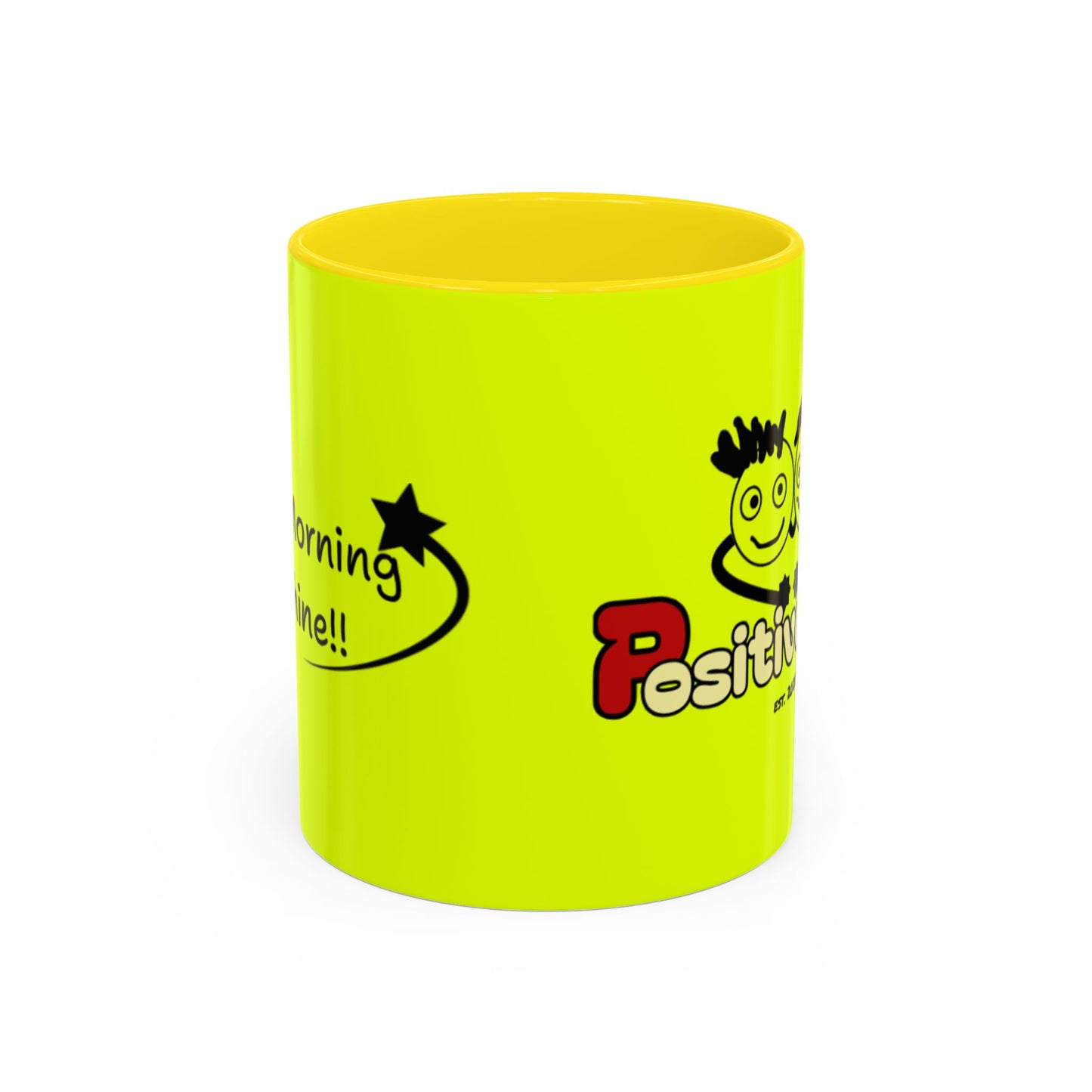 'Good Morning Starshine' Neon Cheerful Coffee Mug by PositiveHug - Yellow exterior