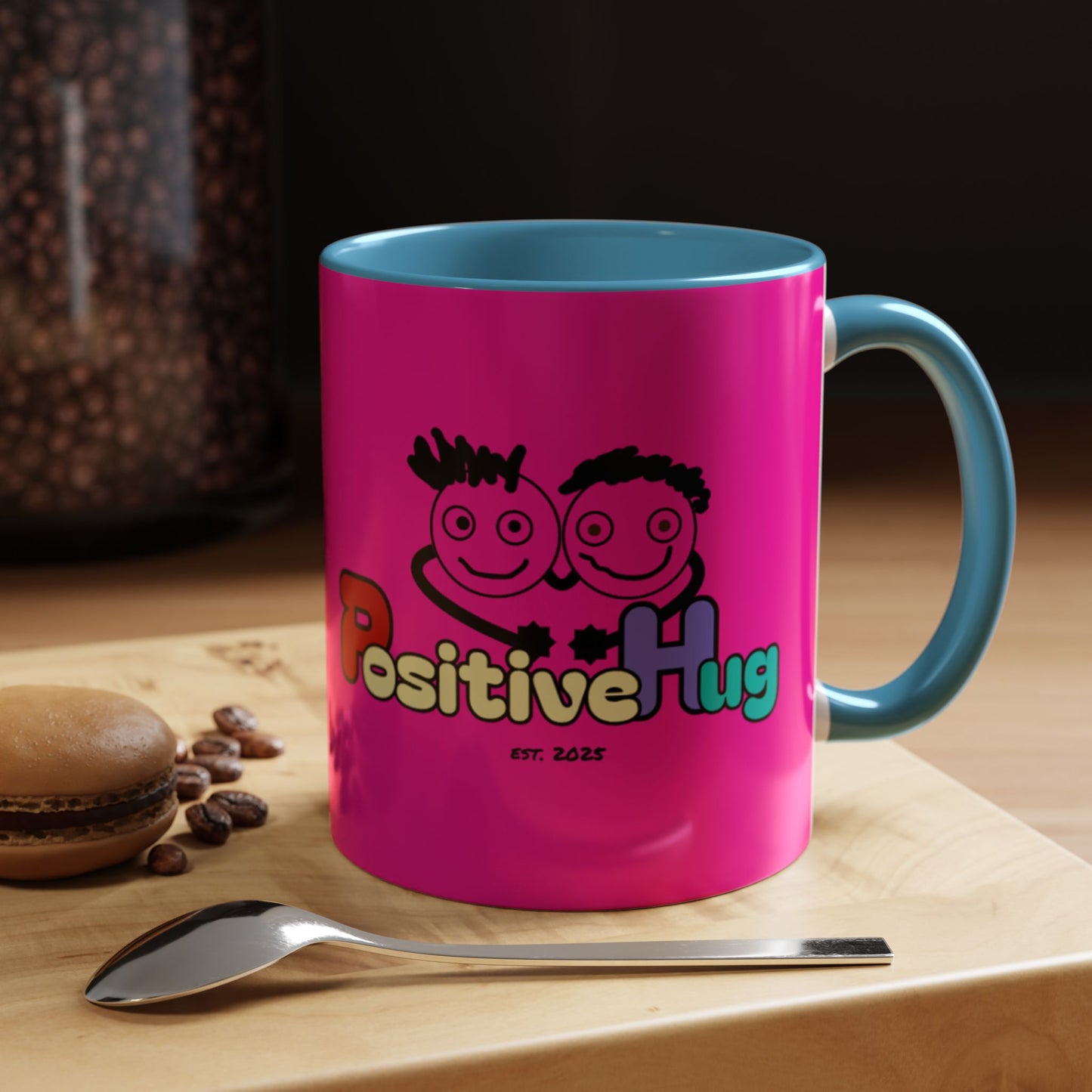 'Good Morning Starshine' Neon Cheerful Coffee Mug by PositiveHug - Pink exterior