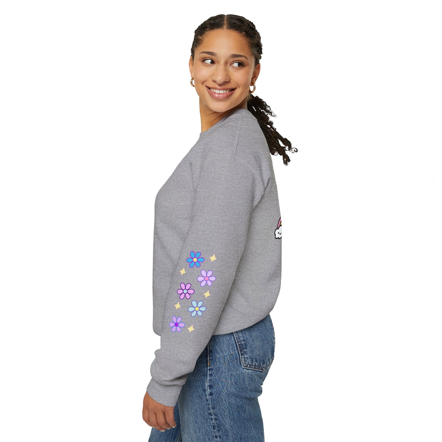 Dreamy Rainbow Floral Crewneck Sweatshirt — "Follow Your Dreams" Back Graphic