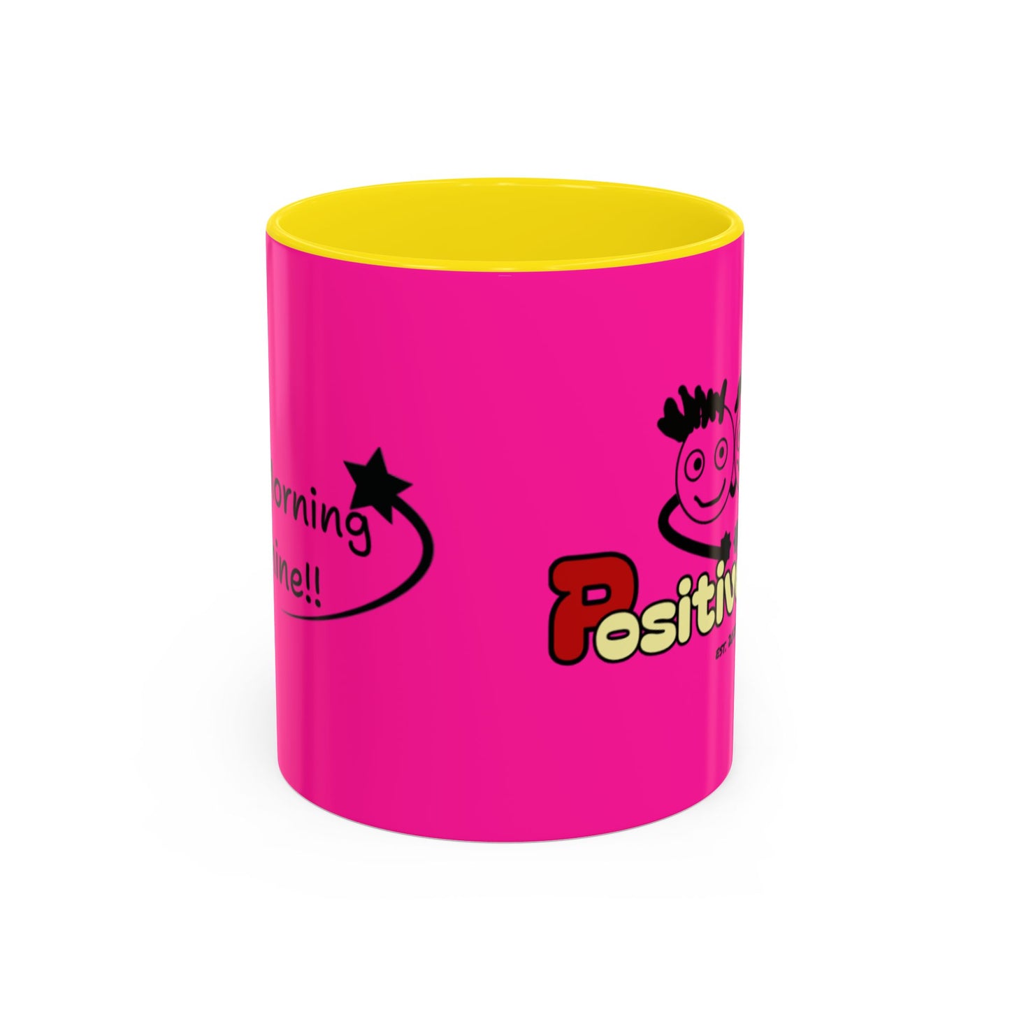 'Good Morning Starshine' Neon Cheerful Coffee Mug by PositiveHug - Pink exterior