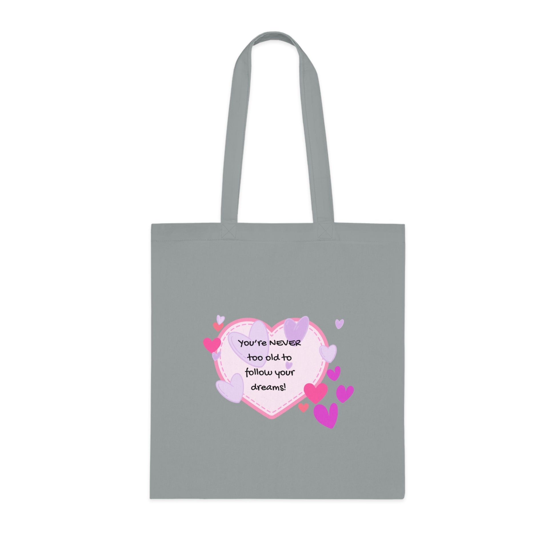 Gray tote bag with a heart-shaped design and text on a white background