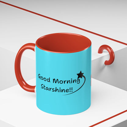'Good Morning Starshine' Neon Cheerful Coffee Mug by PositiveHug - Turquoise exterior