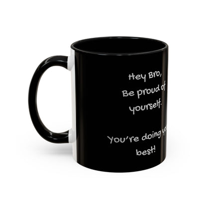 Black mug with white text on a white background