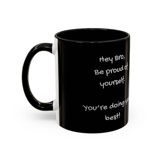 Black mug with white text on a white background