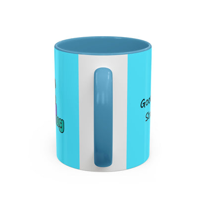 'Good Morning Starshine' Neon Cheerful Coffee Mug by PositiveHug - Turquoise exterior
