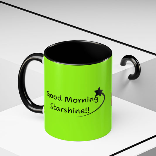 'Good Morning Starshine' Neon Cheerful Coffee Mug by PositiveHug - Green exterior