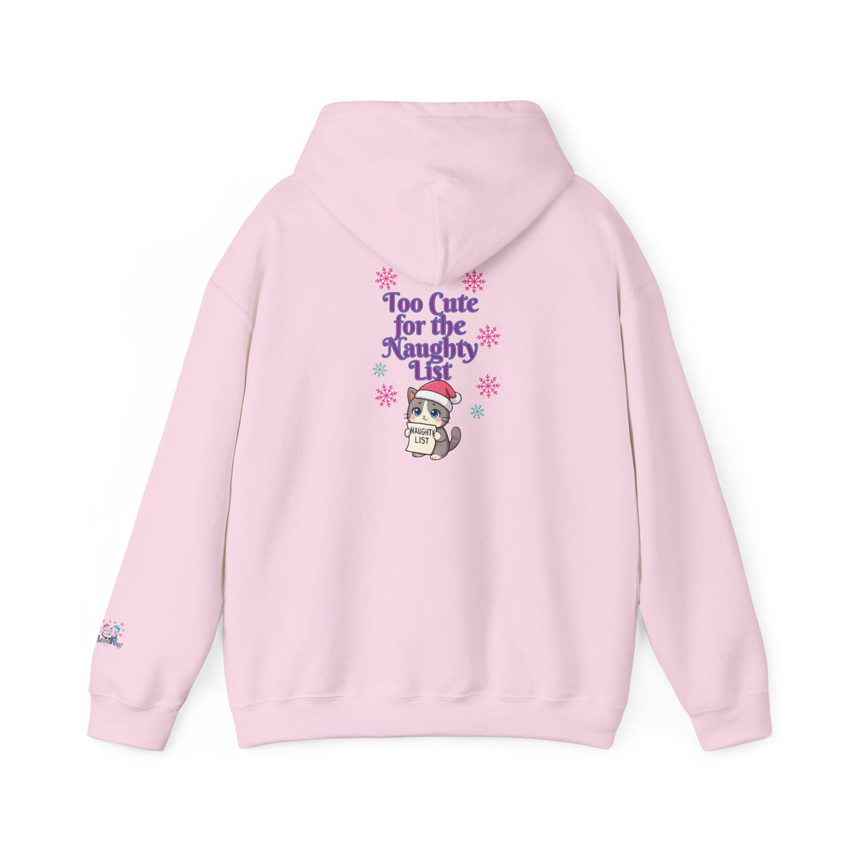 A light pink pullover hoodie shown from the back, featuring a graphic print of a cute cartoon cat in a Santa hat with the text 'Too Cute for the Naughty List' surrounded by purple and pink snowflakes.