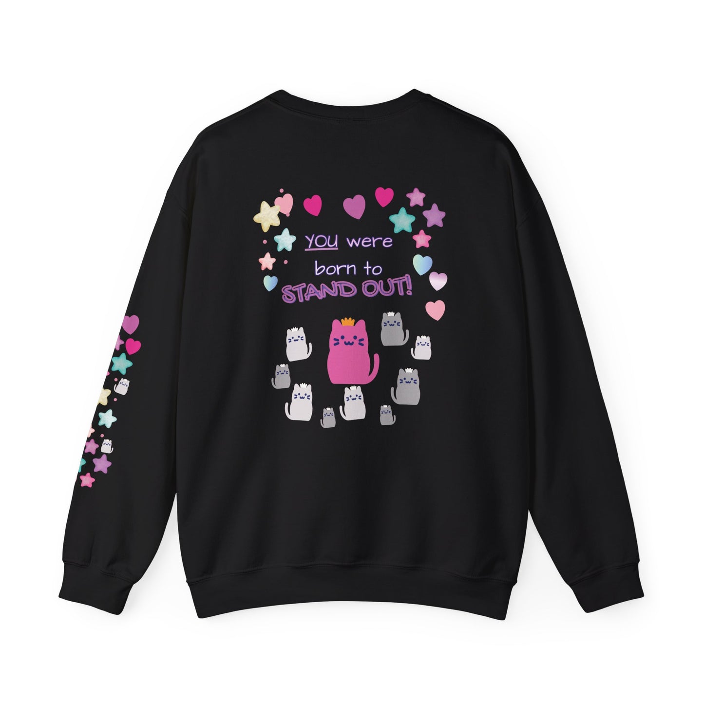 Black sweatshirt with colorful graphics and text on a white background