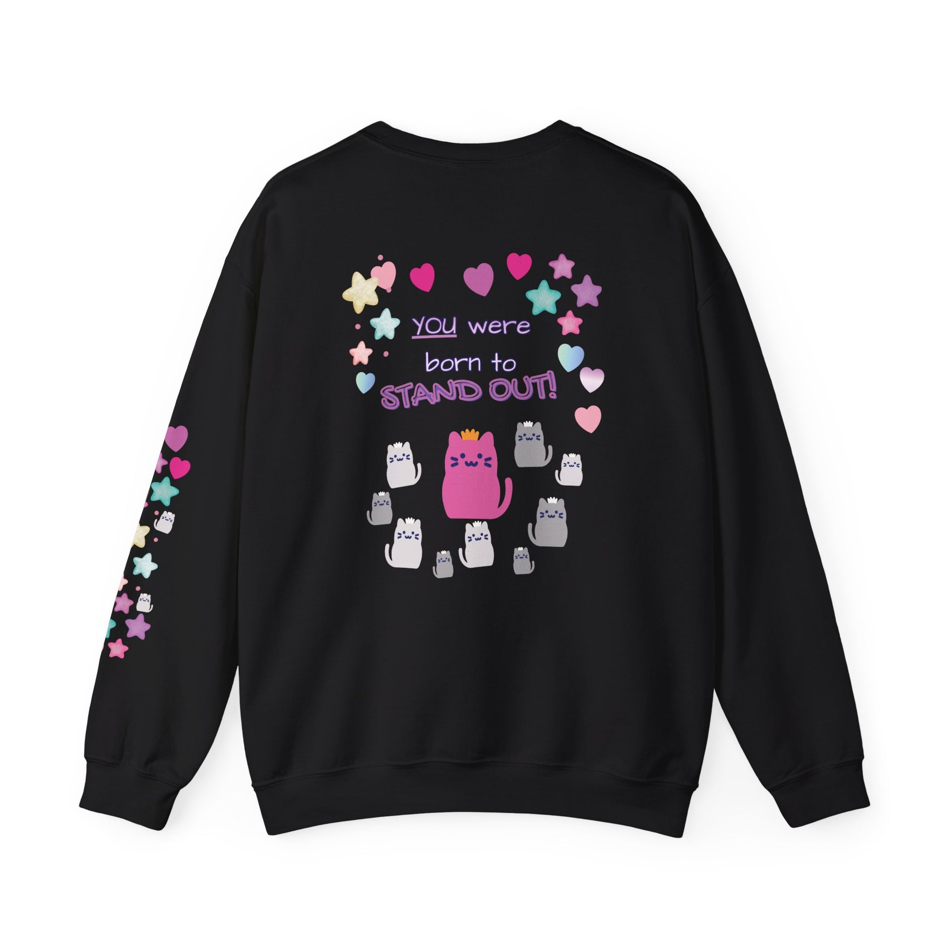 Black sweatshirt with colorful graphics and text on a white background