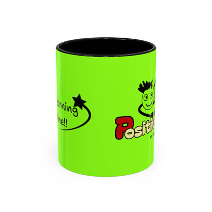 'Good Morning Starshine' Neon Cheerful Coffee Mug by PositiveHug - Green exterior