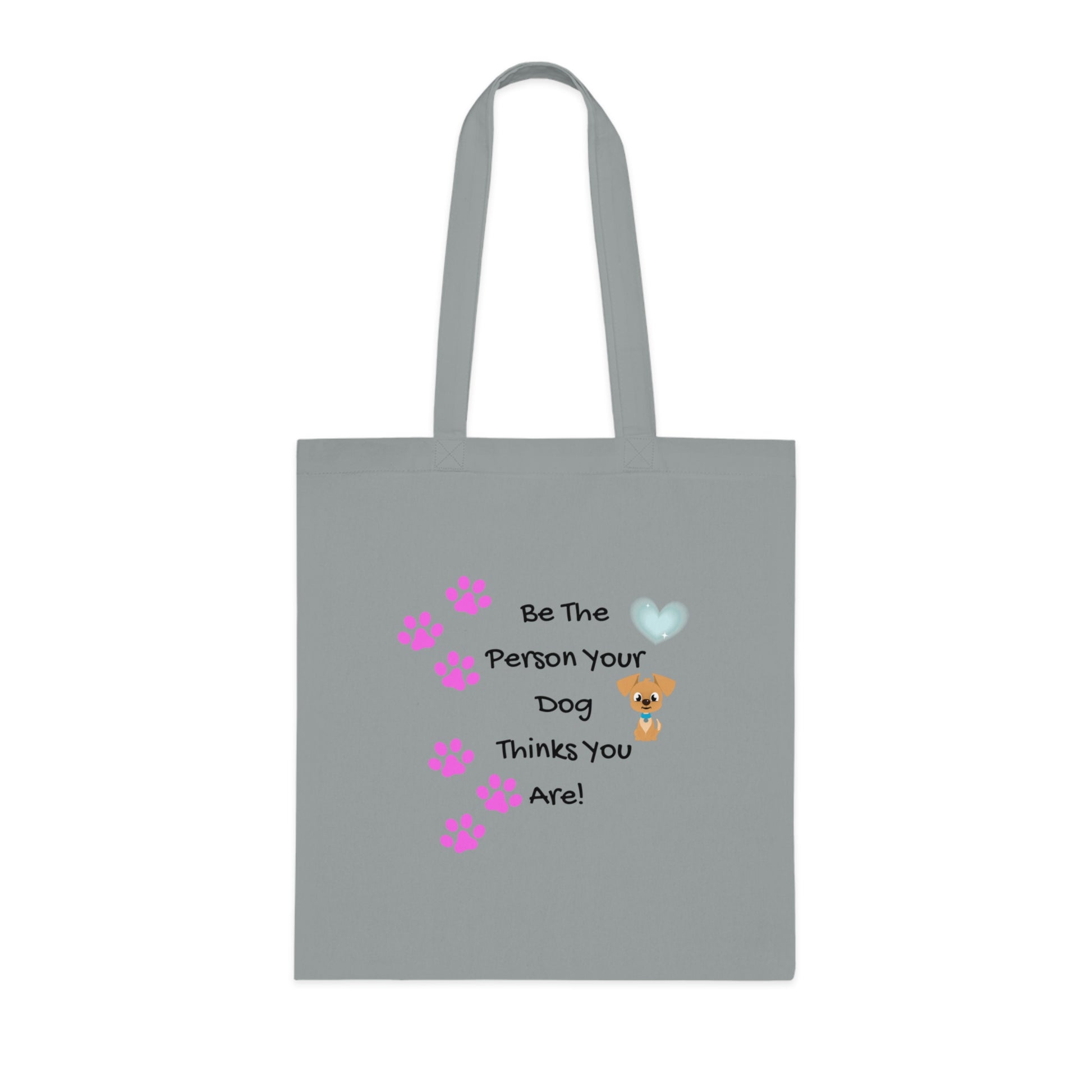 Gray tote bag with paw prints, a heart, and text on a white background