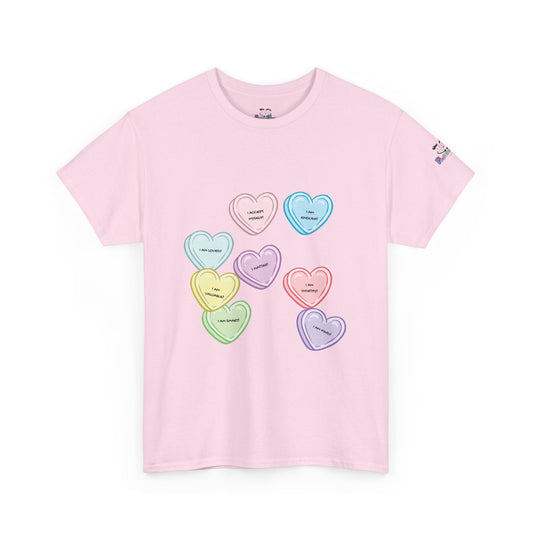 Affirmation Heart Tee — Pastel Candy Hearts Graphic T-Shirt