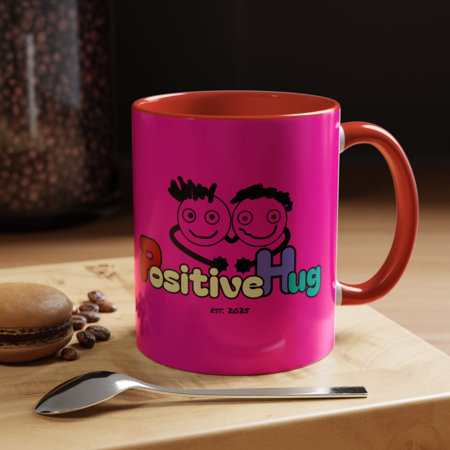 'Good Morning Starshine' Neon Cheerful Coffee Mug by PositiveHug - Pink exterior