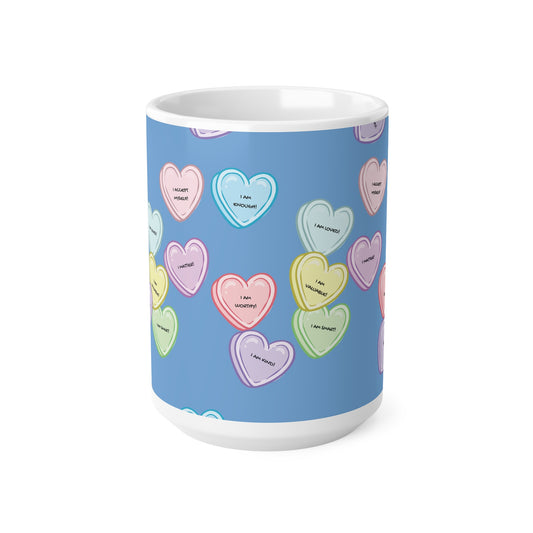 Coffee Mug with Love Heart Candy & Positive Affirmations (I Am Worthy, I Am Loved etc)