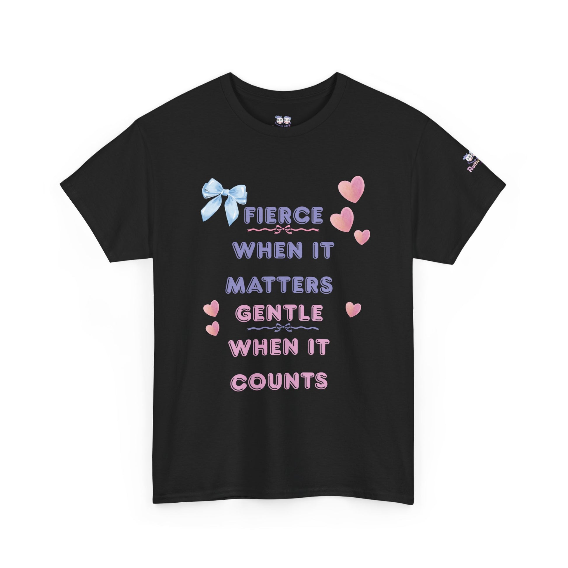 Black t-shirt with motivational quote and decorative elements on a white background