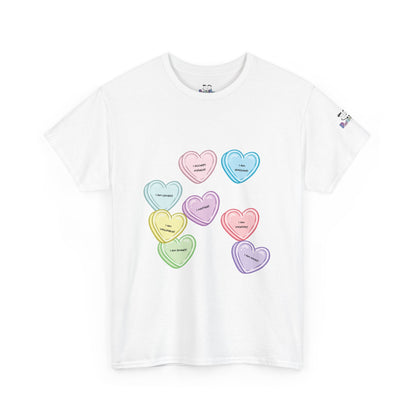 Affirmation Heart Tee — Pastel Candy Hearts Graphic T-Shirt
