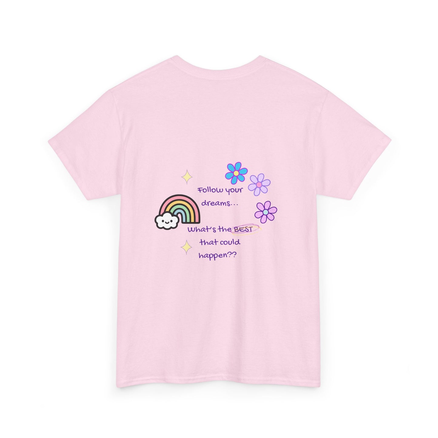 Pink t-shirt with colorful graphics and text on a white background