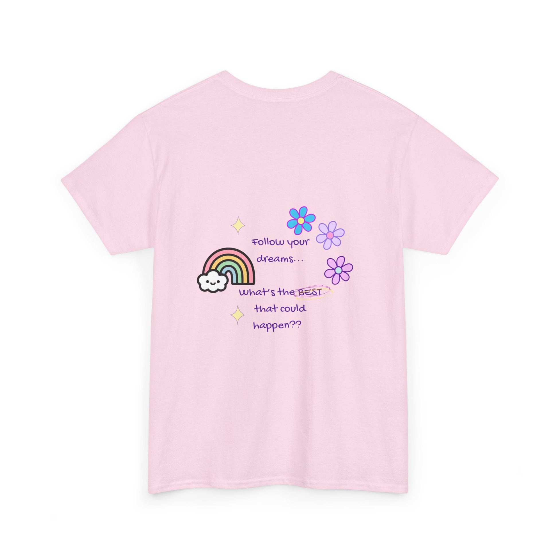 Pink t-shirt with colorful graphics and text on a white background