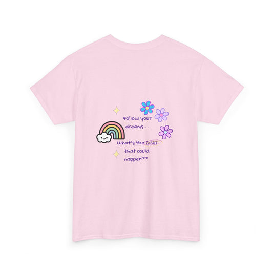Pink t-shirt with colorful graphics and text on a white background