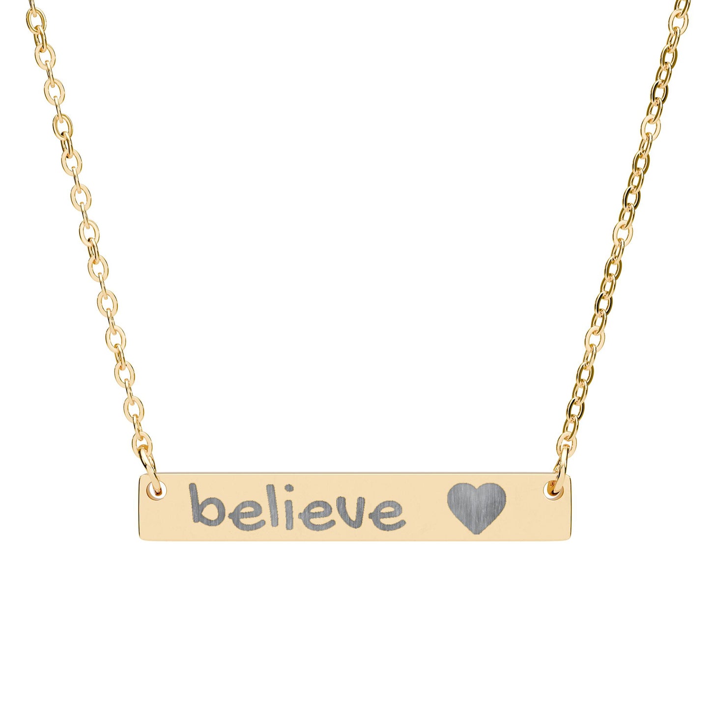 Engraved "Believe" Bar Necklace — Horizontal Heart Pendant