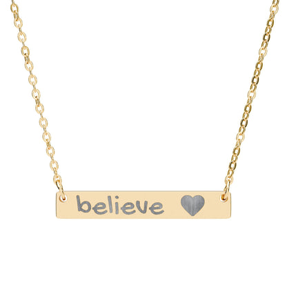 Engraved "Believe" Bar Necklace — Horizontal Heart Pendant