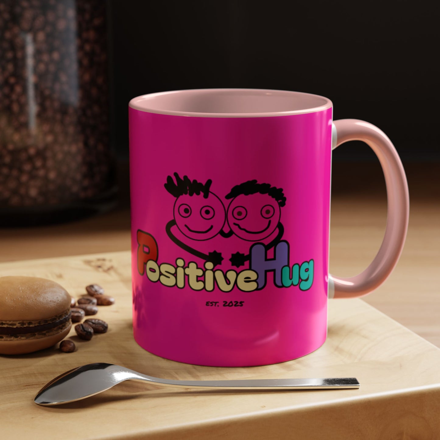 'Good Morning Starshine' Neon Cheerful Coffee Mug by PositiveHug - Pink exterior