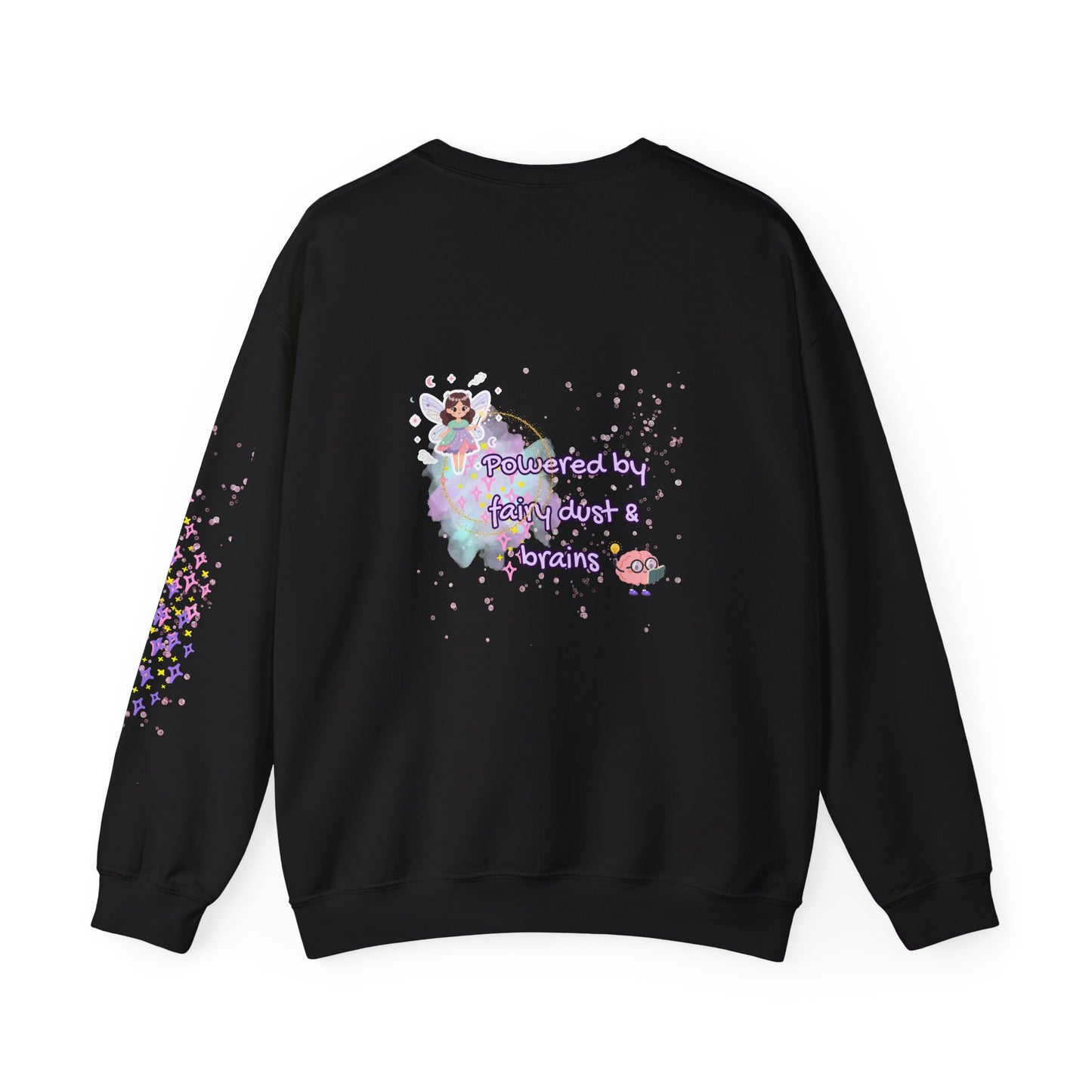 Black sweatshirt with colorful graphic design on a white background