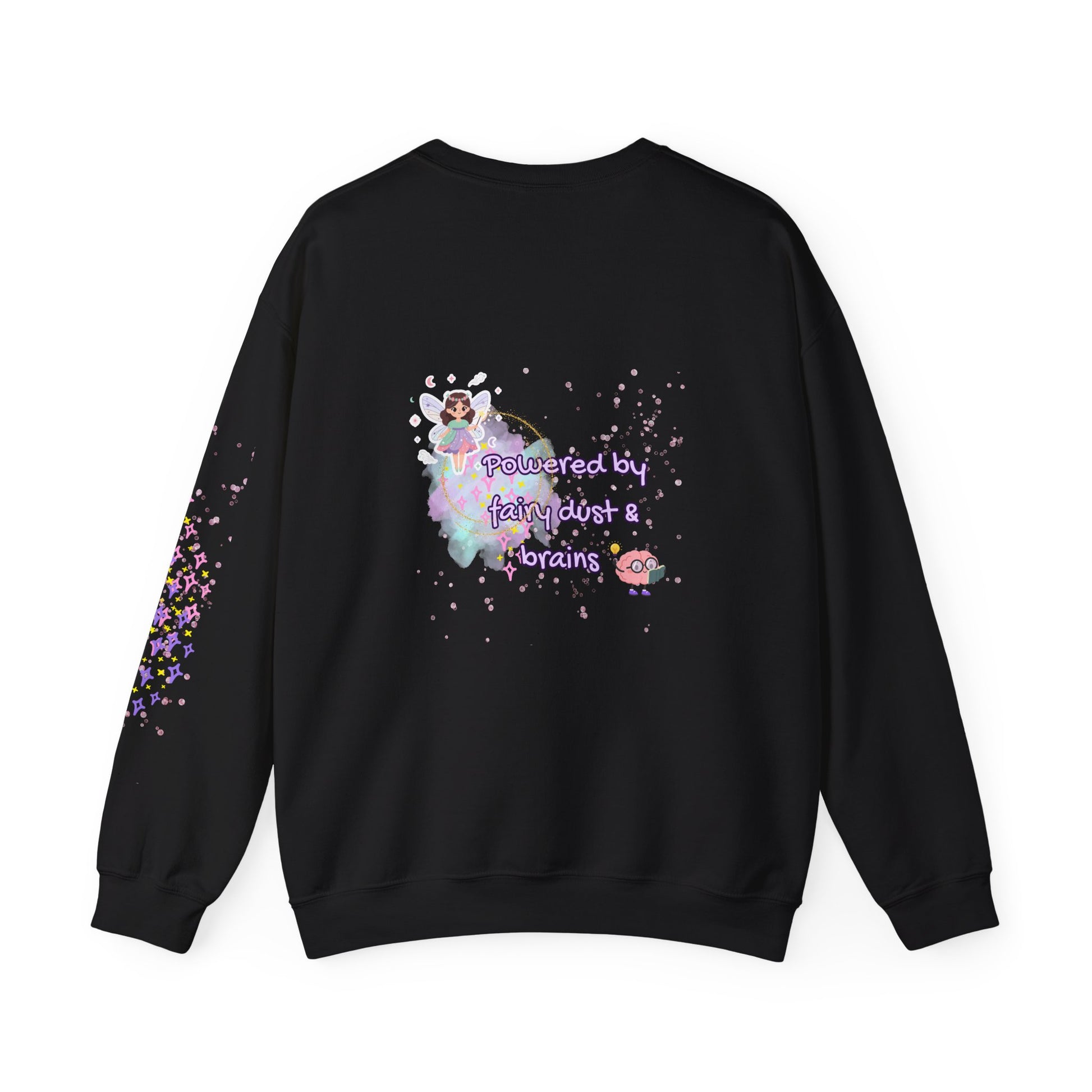 Black sweatshirt with colorful graphic design on a white background