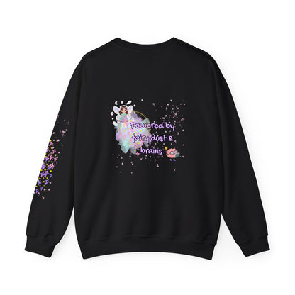 Black sweatshirt with colorful graphic design on a white background